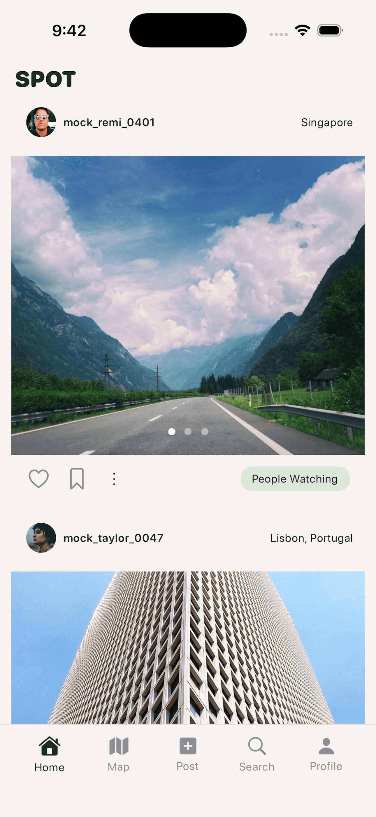 Spot home feed showing visual place discovery