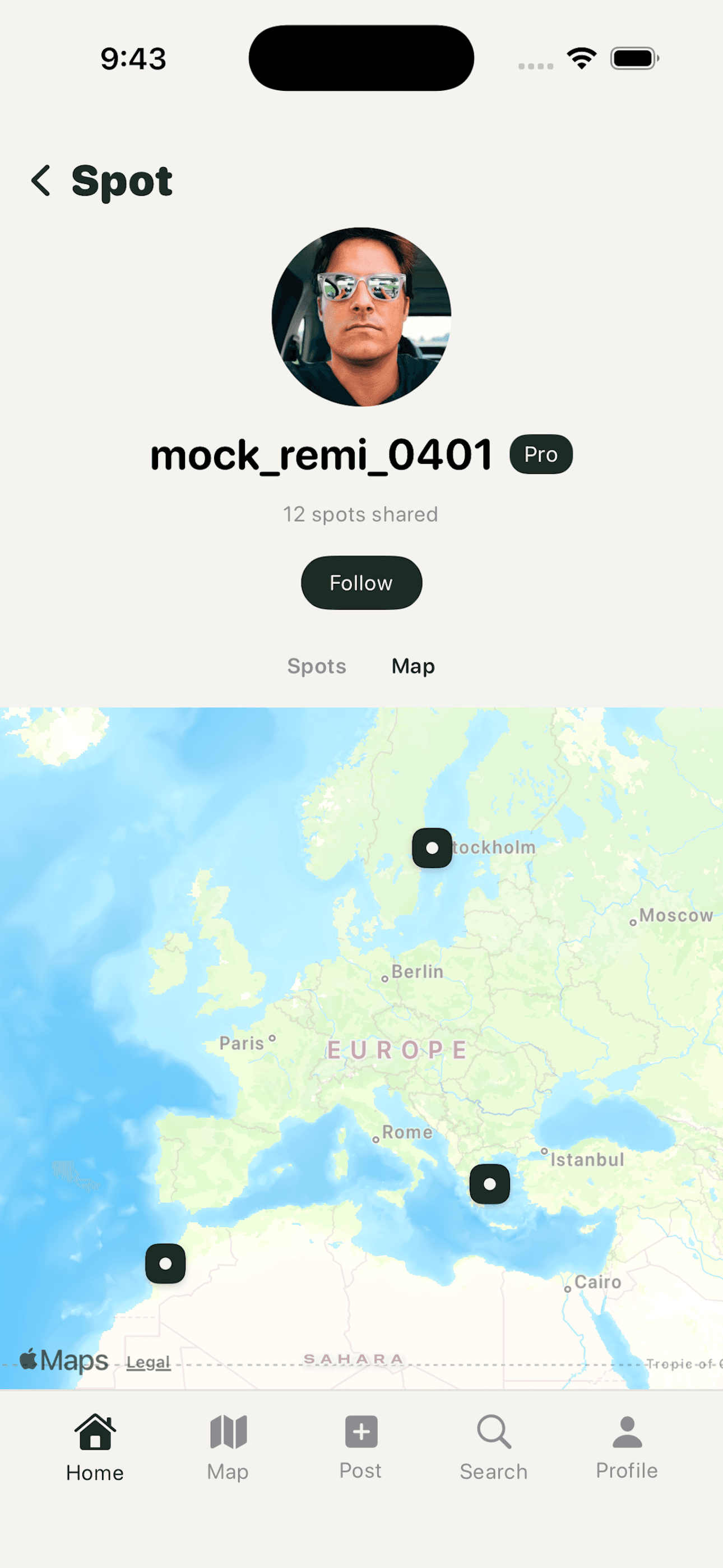 Spot profile and map screenshot